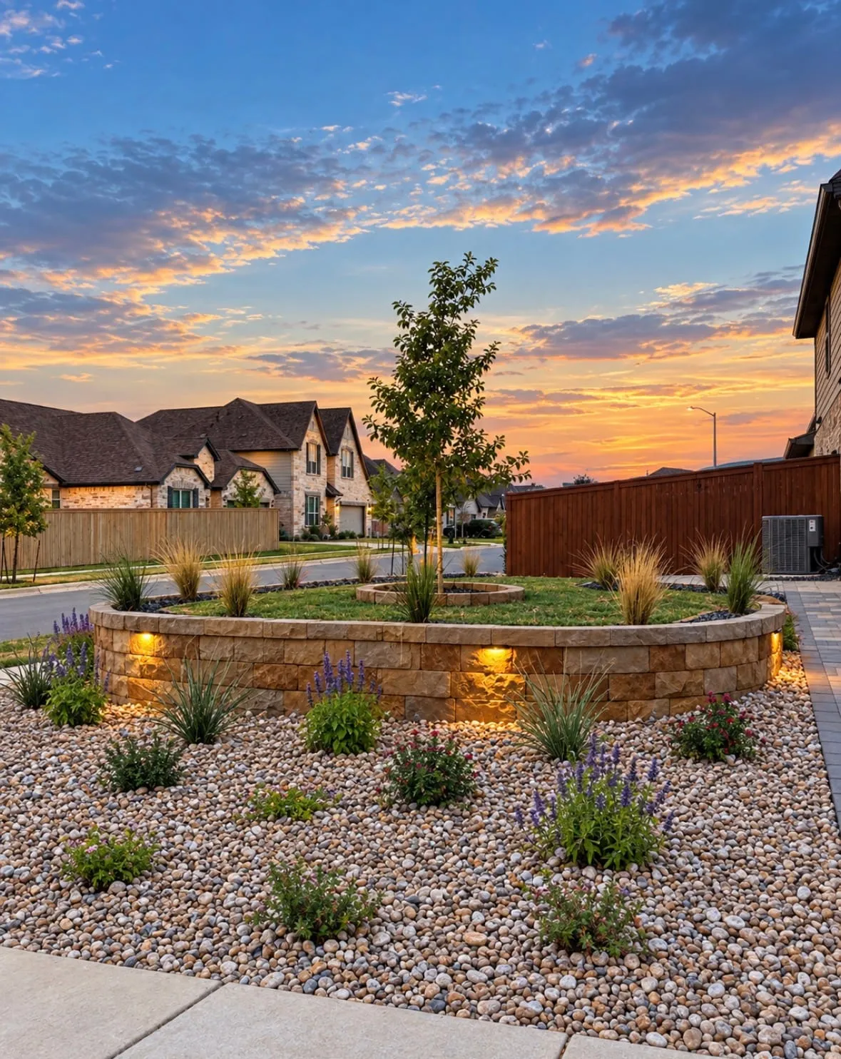 Front-yard bed of river rock, ornamental grasses, and a young tree around a lit stone planter ring at sunset
