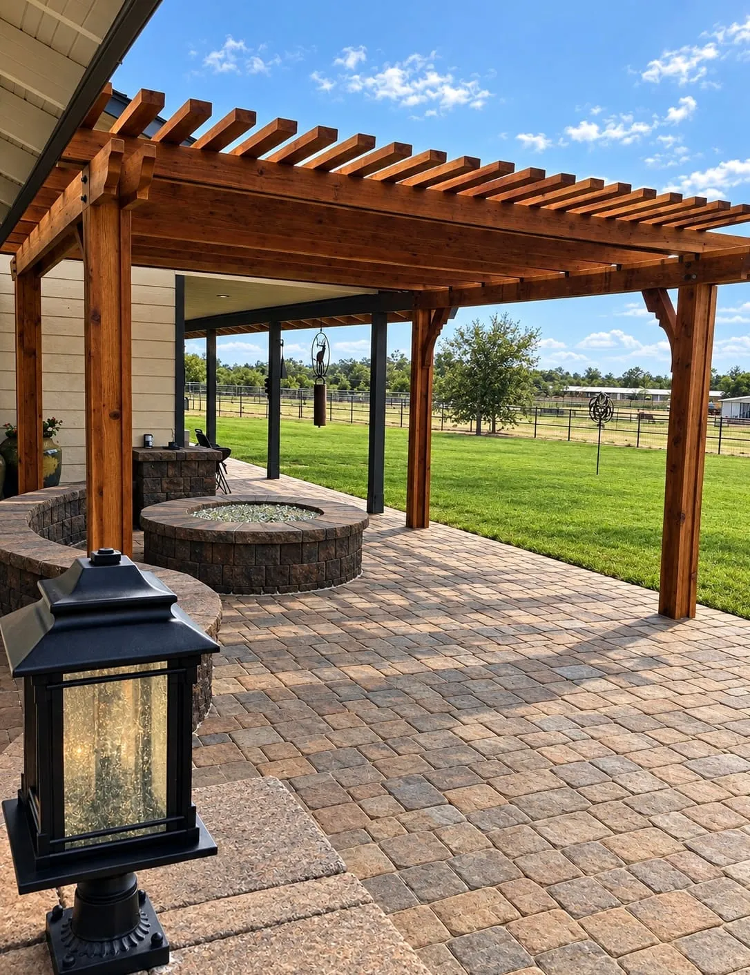 Cedar pergola over a paver patio with a round stone fire pit and a lantern post